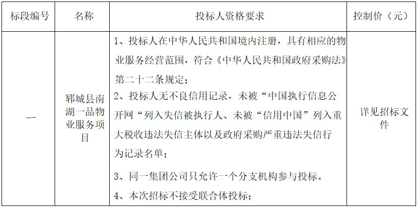 郓城县南湖一品物业服务项目 招标公告