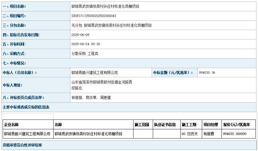 郓城县武安镇张英村孙庄村标准化鸡棚项目成 交公告