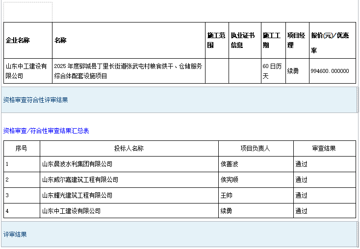 2025年度郓城县丁里长街道张武屯村粮食烘干、仓储服务综合体配套设施项目成 交公告
