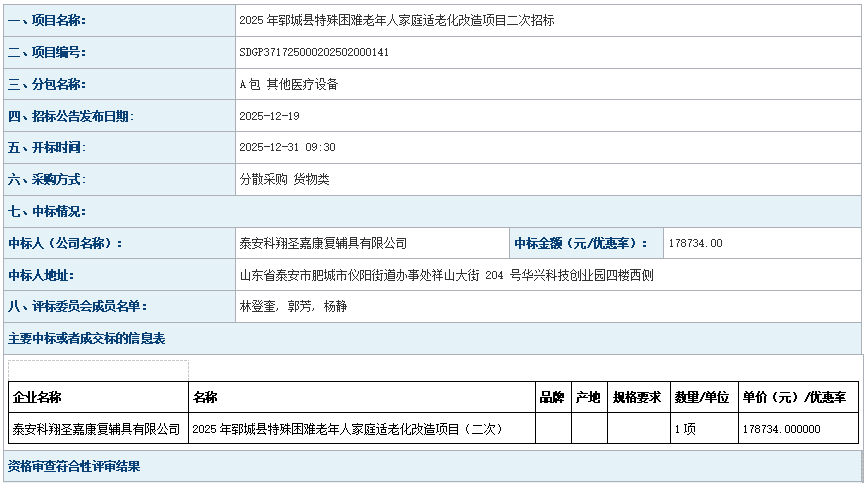 2025年郓城县特殊困难老年人家庭适老化改造项目二次招标成 交公告