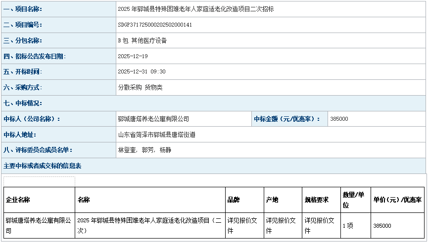 2025年郓城县特殊困难老年人家庭适老化改造项目二次招标成 交公告