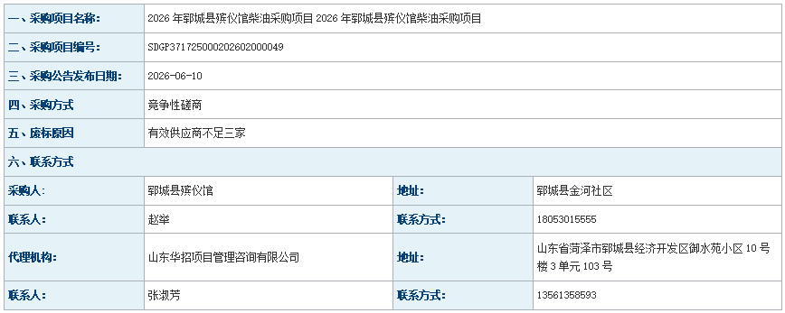 2026年郓城县殡仪馆柴油采购项目废标公告