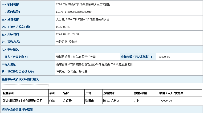 2026年郓城县殡仪馆柴油采购项目二次招标成 交公告